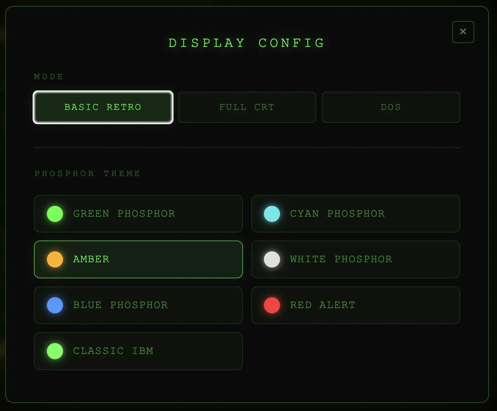 Display configuration panel · mode select