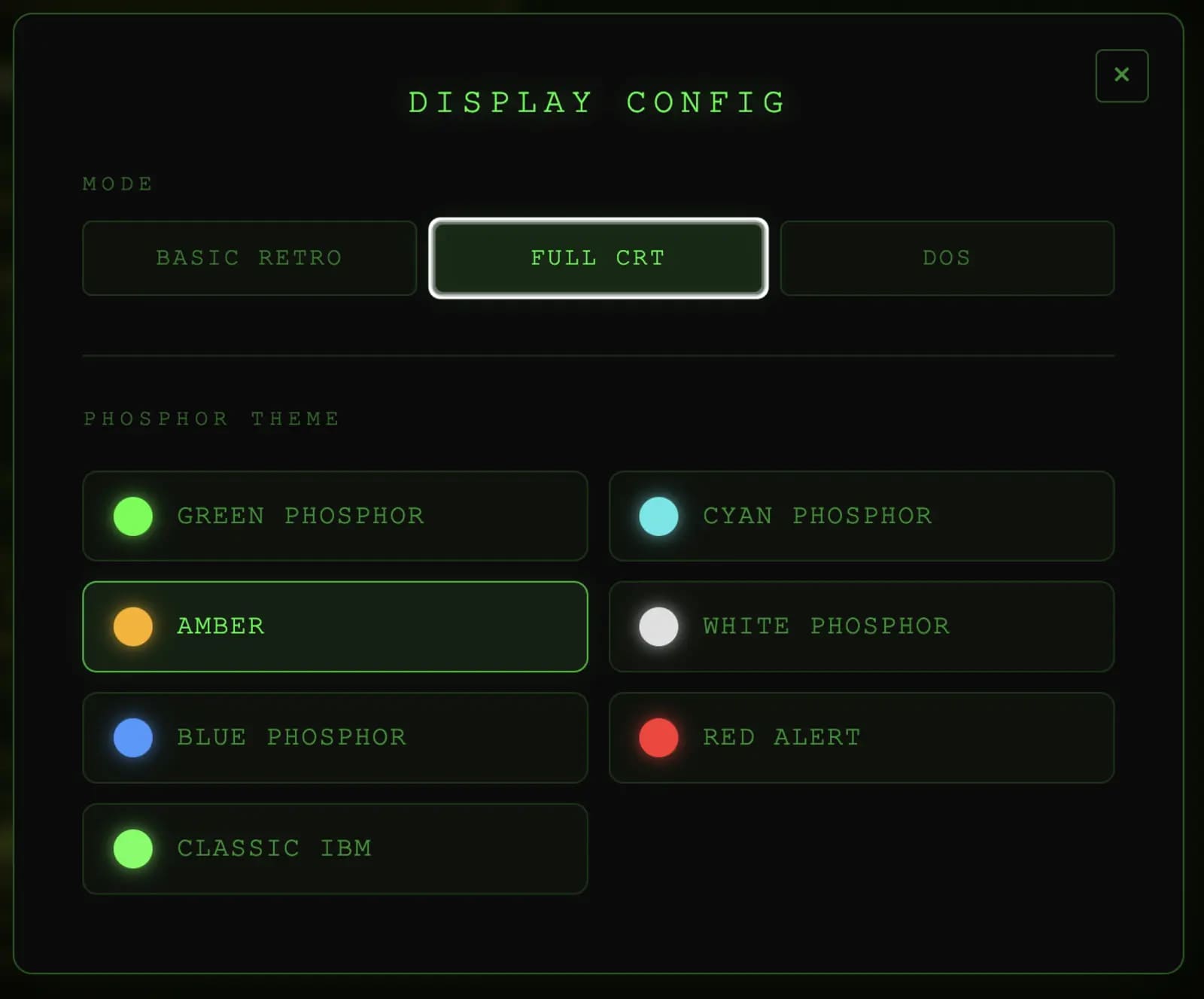 Display configuration panel · phosphor select