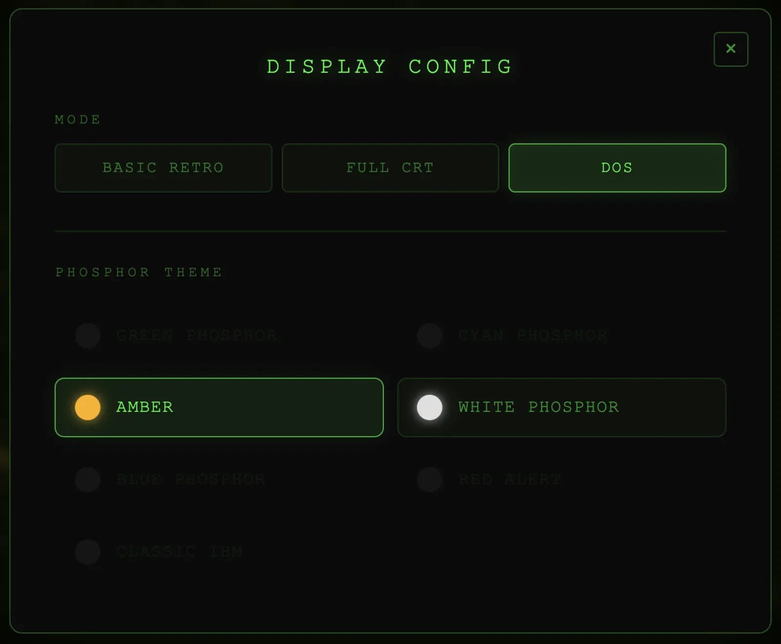 Display configuration panel · DOS mode locked themes